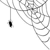 a black and white image of a spider hanging from a web